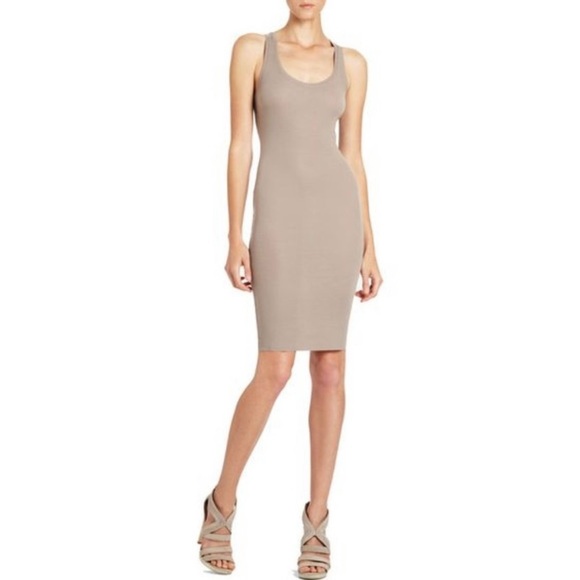 BCBGMaxazria Hazel Tank Dress in Gravel Taupe Lyocell Ribbed Knit Racerback M - Picture 2 of 11